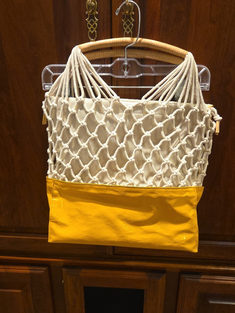 Tory Burch Cream Macramé Tote with Shiny Mustard Yellow Base